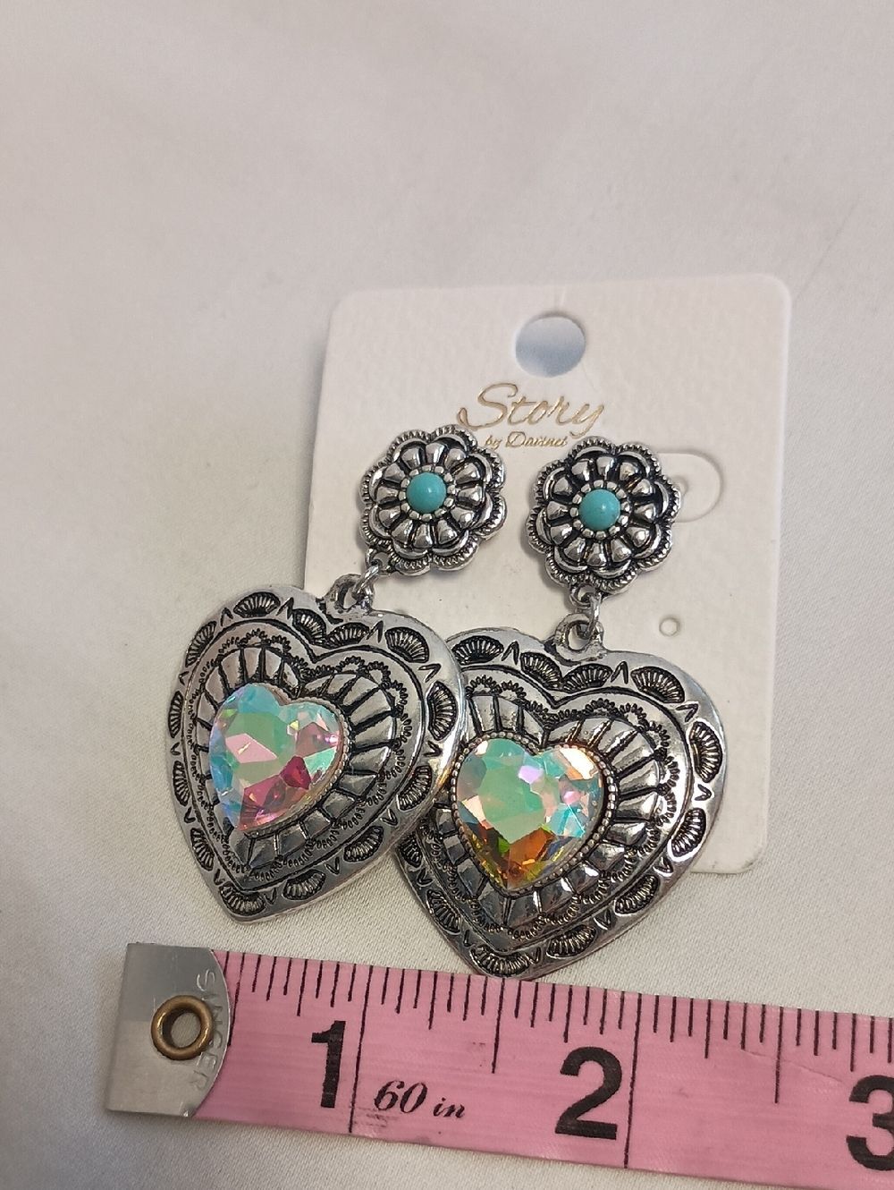 Silver Heart Drop Earrings with Iridescent Crystal and Turquoise Accent - Picture 6 of 6